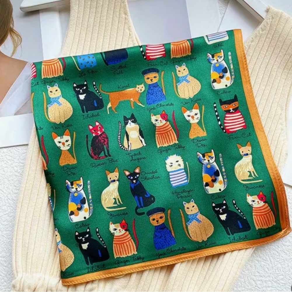 Cat Breeds Cartoon Whimsical Printed Square 27.5” Scarf, Green